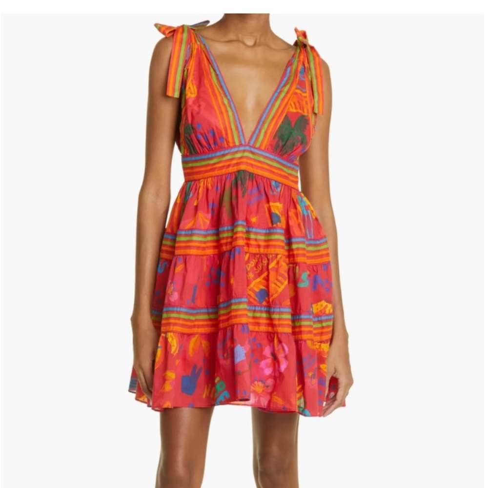 FARM Rio Red Multi-Color Striped Tropical Tie-Shoulder Mini Dress - Picture 3 of 10
